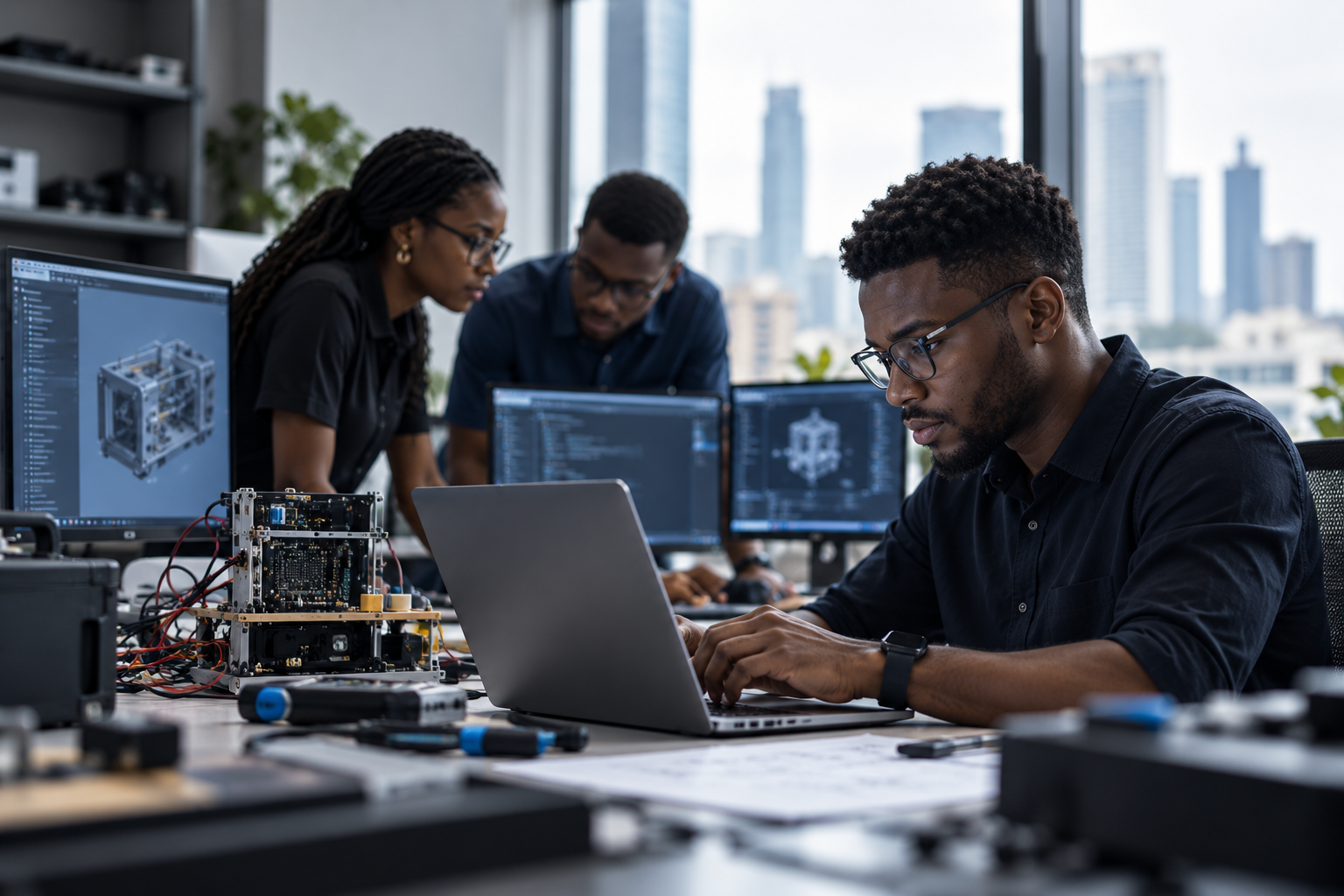 Concept image of African engineers collaborating on a hardware and software system